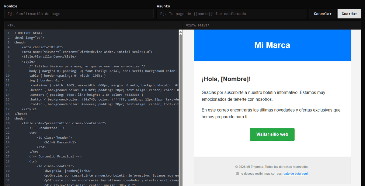 Editor de plantillas HTML con vista previa